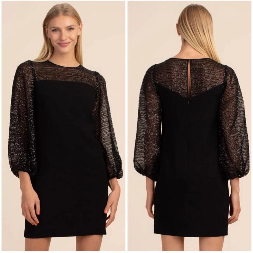 Trina Turk black sheer‎ mesh sequin balloon sleeve sheath dress size 10